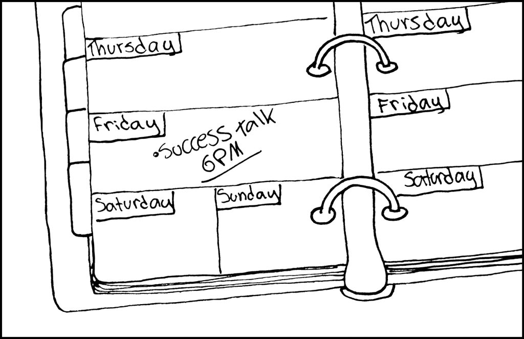 An illustration of a day planner with "Success talk 6PM" scheduled for Friday.