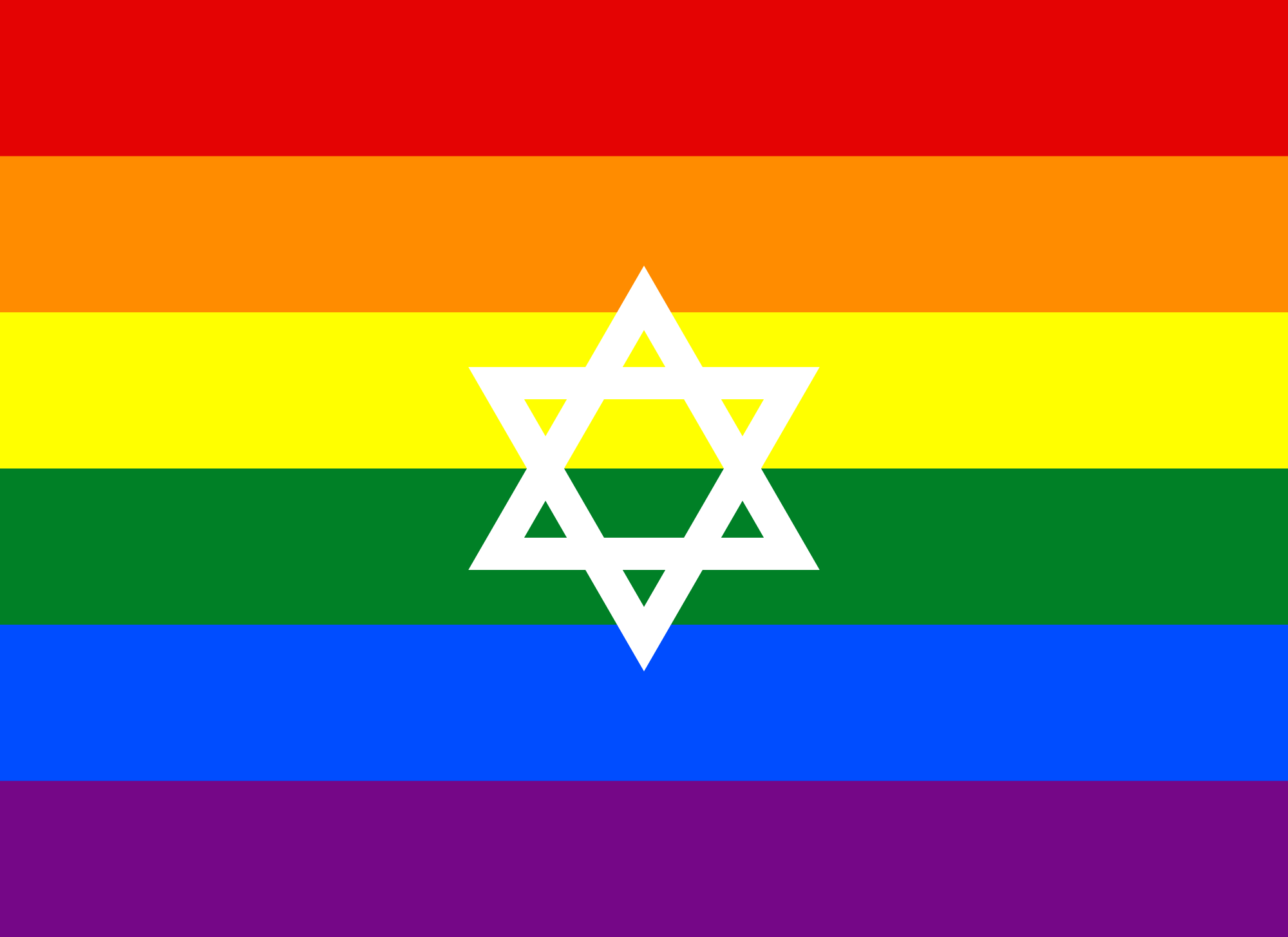 The rainbow Pride flag with a Star of David in the centre.