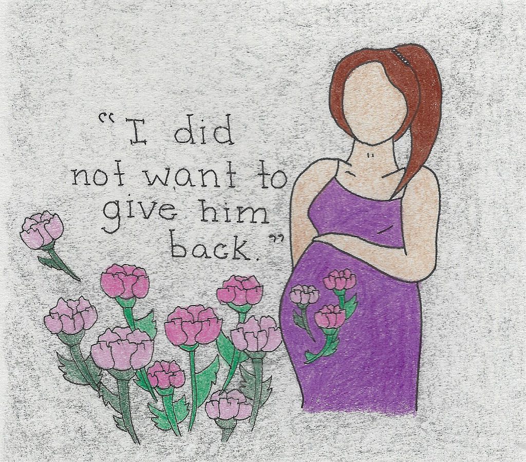 Illustration of a pregnant woman with brown hair and a purple dress. She has purple flowers drawn across her stomach and stands next to a small patch of purple flowers. A quote next to her reads, "I did not want to give him back."