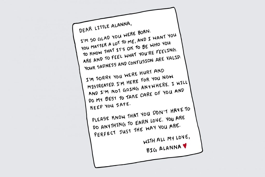 An illustration of a letter that says, "Dear little Alanna, I'm so glad you were born. You matter to me a lot, and I want you to know that it's OK to be who you are and to feel what you're feeling. Your sadness and confusion are valid. I'm sorry you were hurt and mistreated. I'm here for you now and I'm not going anywhere. I will do my best to take care of you and keep you safe. Please know that you don't have to do anything to earn love. You are perfect just the way you are. With all my love, Big Alanna."