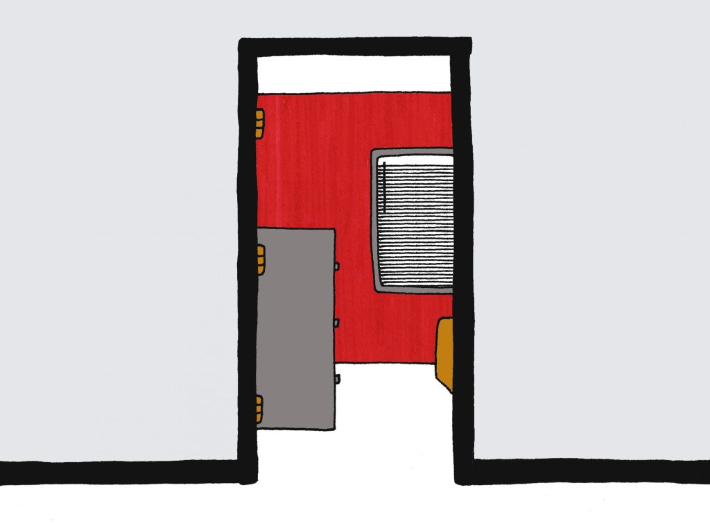 An illustration of a door frame leading into a bedroom. The door has been removed leaving noticeable hinges.