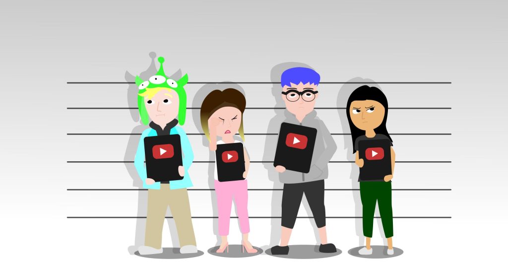 Logan Paul, Laura Lee, Sam Pepper, and Brooke Houts hold up their "YouTube play buttons" as they get their mugshots taken.
