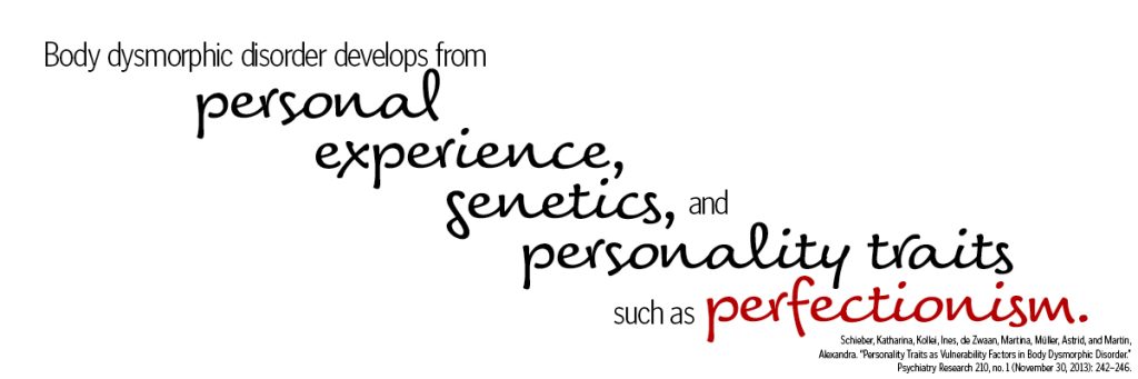 Body dysmorphic disorder develops from personal experience, genetics, and personality traits such as perfectionism.