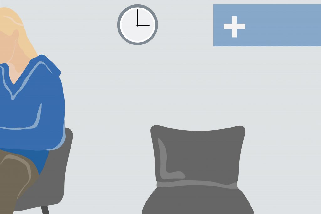 An illustration of a woman waiting in a doctors waiting room.