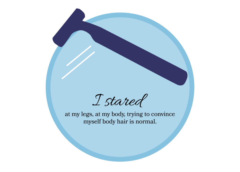 An abstract illustration depicting a disposable razor in front of a circular mirror. Text: "I stared at my legs, at my body, trying to convince myself body hair is normal."