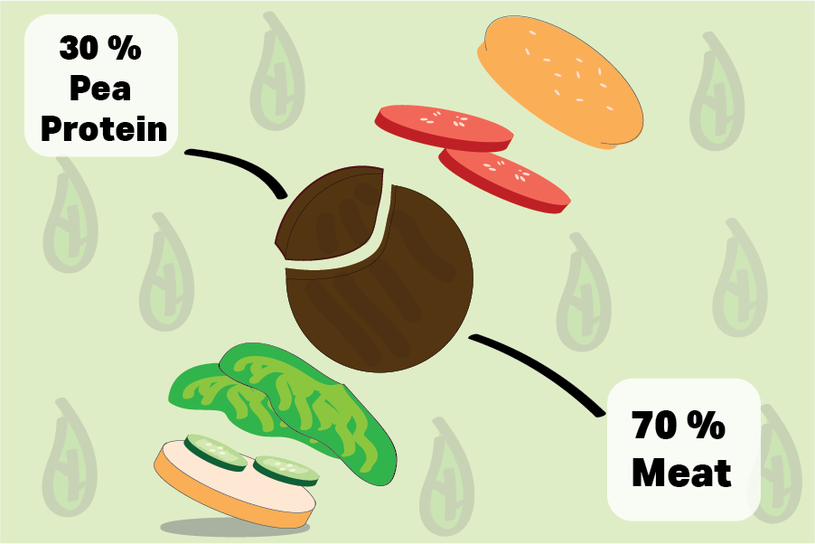 An illustration of a deconstructed hamburger. Pointing to the patty are the words "30% Pea Protein" and "70% Meat".
