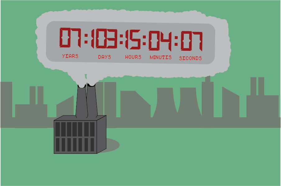 The carbon clock displayed in a puff of pollution.