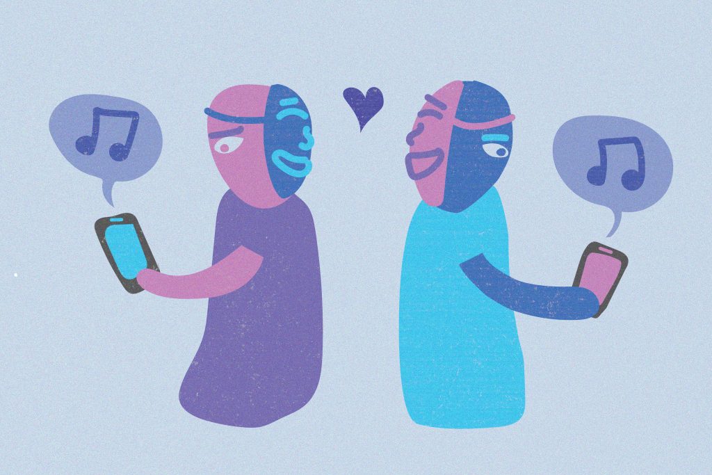 Illustration of two characters on their phones looking away from each other while wearing masks on the back of their heads.