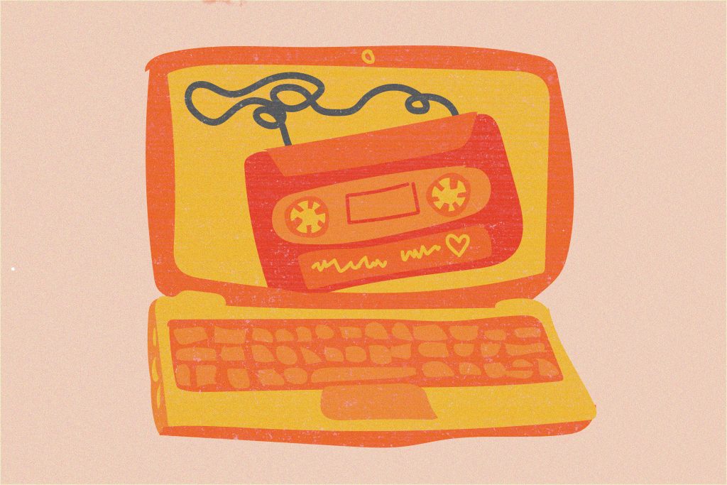 Illustration of a cassette on the screen of a laptop.