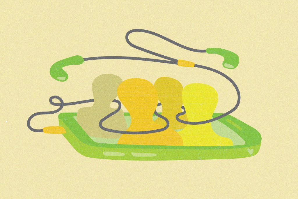 Illustration of four human silhouettes inside a phone with the headphone wire weaving around them.