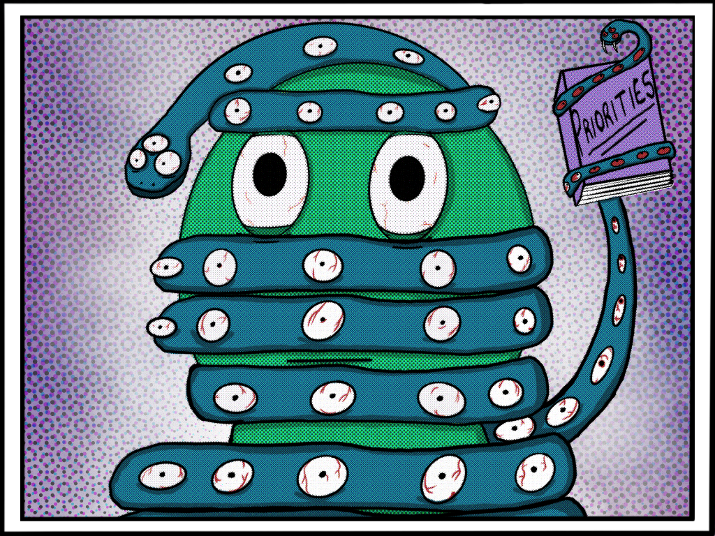 Illustration of a creature known as a Hyper-Focus Snake as it strangles a cartoon character's head and forces it's victim's eyes out.