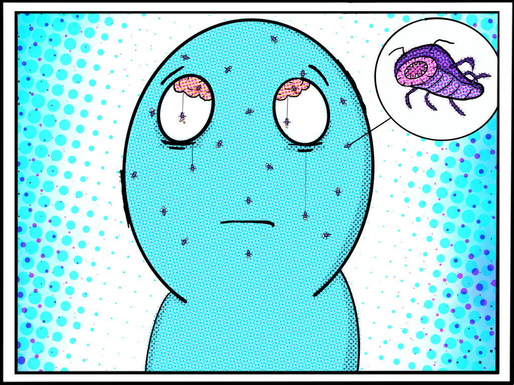 Illustration of the creatures known as Brain Ticks as they crawl and eat a cartoon character's brain.