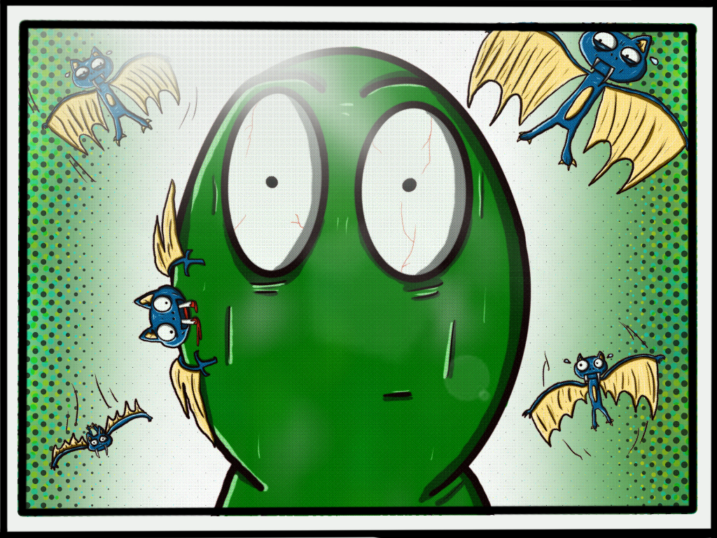 Illustration of the flying creatures known as Impulse Bats as they fly around and feast on a cartoon character.