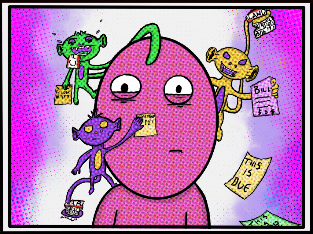 Illustration of alien monkeys known as Disorganization Monkeys as they rip and tear a cartoon person's papers.