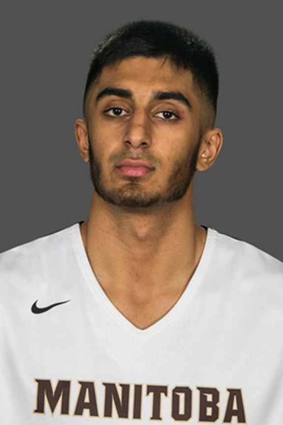 Portrait of Raj in a University of Manitoba jersey.
