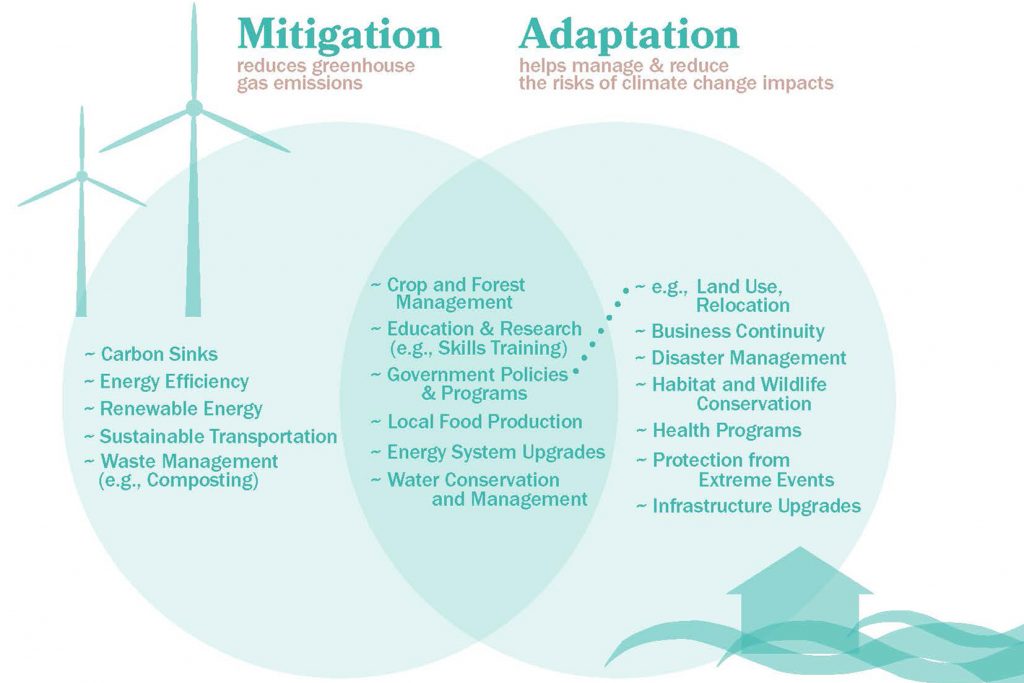 A ven diagram
Mitigation - reduces greenhouse gas emissions:
Carbon Sinks
• Energy Efficiency ~ Renewable Energy
• Sustainable Transportation
• Waste Management (e.g., Composting)
Adaptation - helps manage and reduce the risks of climate change impacts:
• e.g., Land Use,
Relocation
• Business Continuity
• Disaster Management
• Habitat and Wildlife Conservation
• Health Programs
• Protection from Extreme Events
• Infrastructure Upgrades
Cross over:
• Crop and Forest Management
• Education and Research (e.g., Skills Training)
• Government Policies and Programs
• Local Food Production
• Energy System Upgrades
• Water Conservation and Management