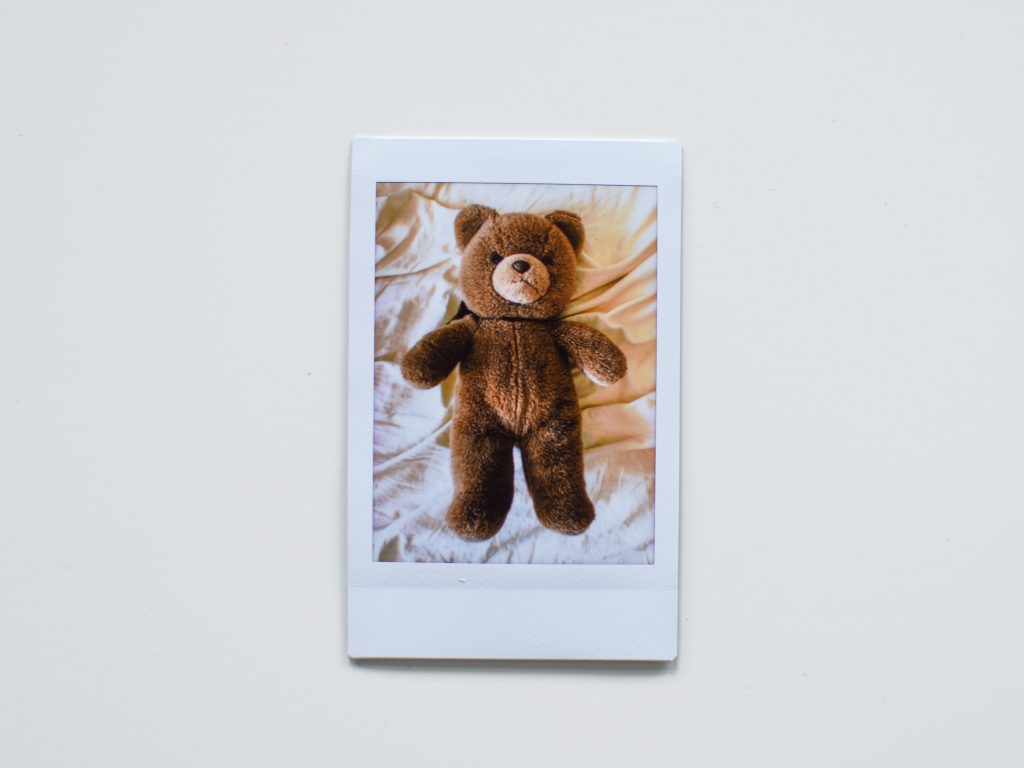 A polaroid of a brown teddy bear.