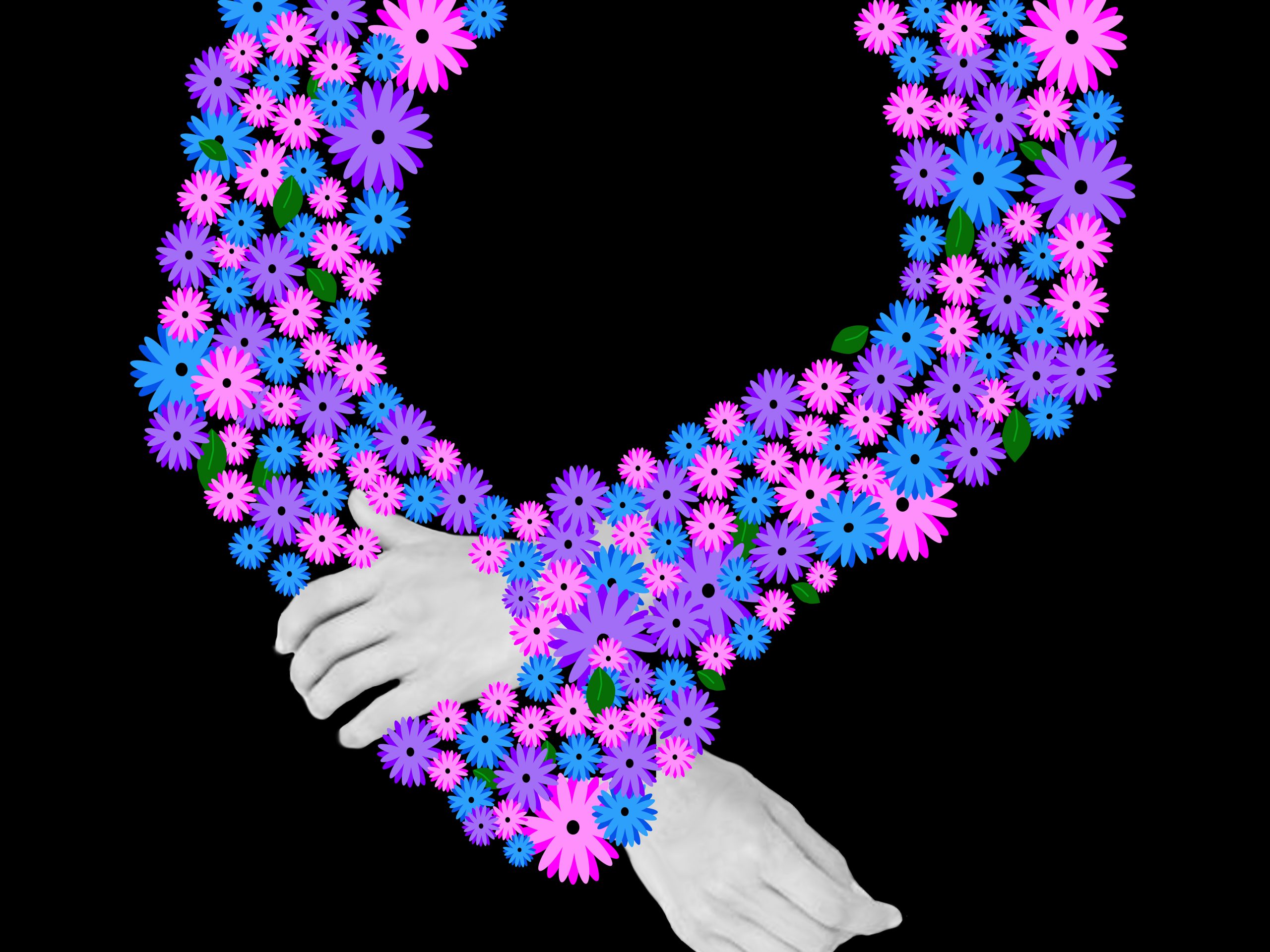 Painting of arms with small pink, purple, and blue flowers as sleeves