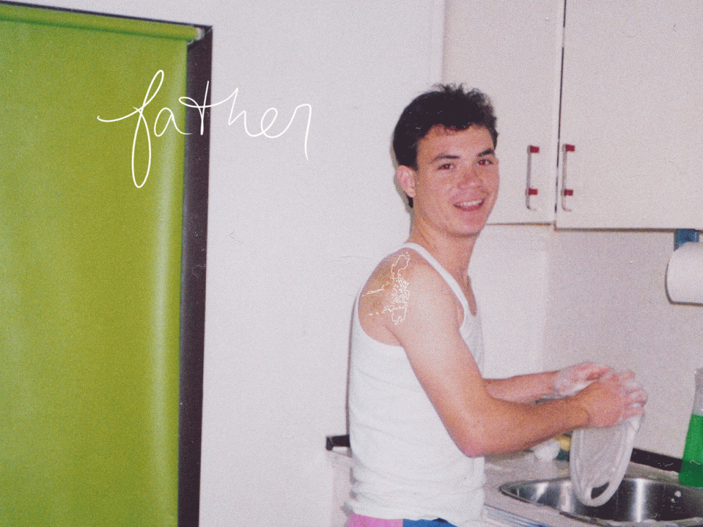 '90s Filipino-Canadian father washing the dishes in his new home in Canada. Doodle animation of the Philippines moves from father's back.