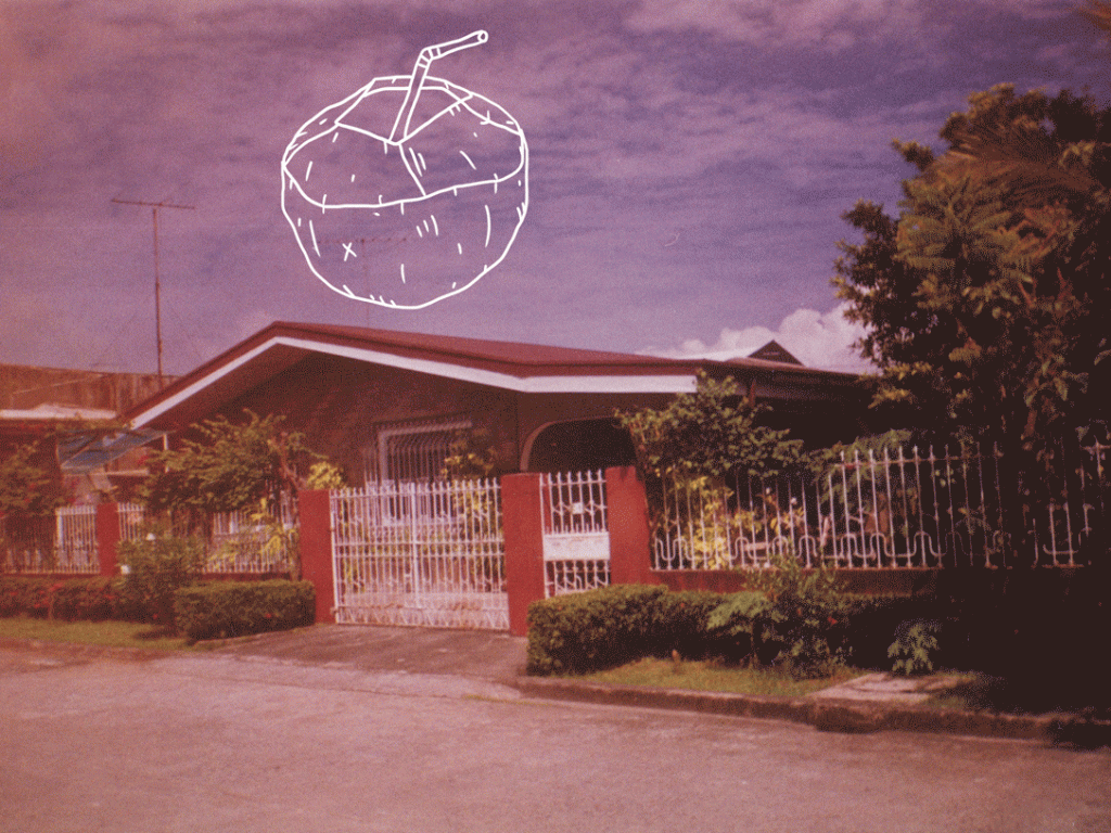 Vintage photo of a home in the City of Biñan, Philippines. A doodle animation of a coconut and mango appear from behind the house.