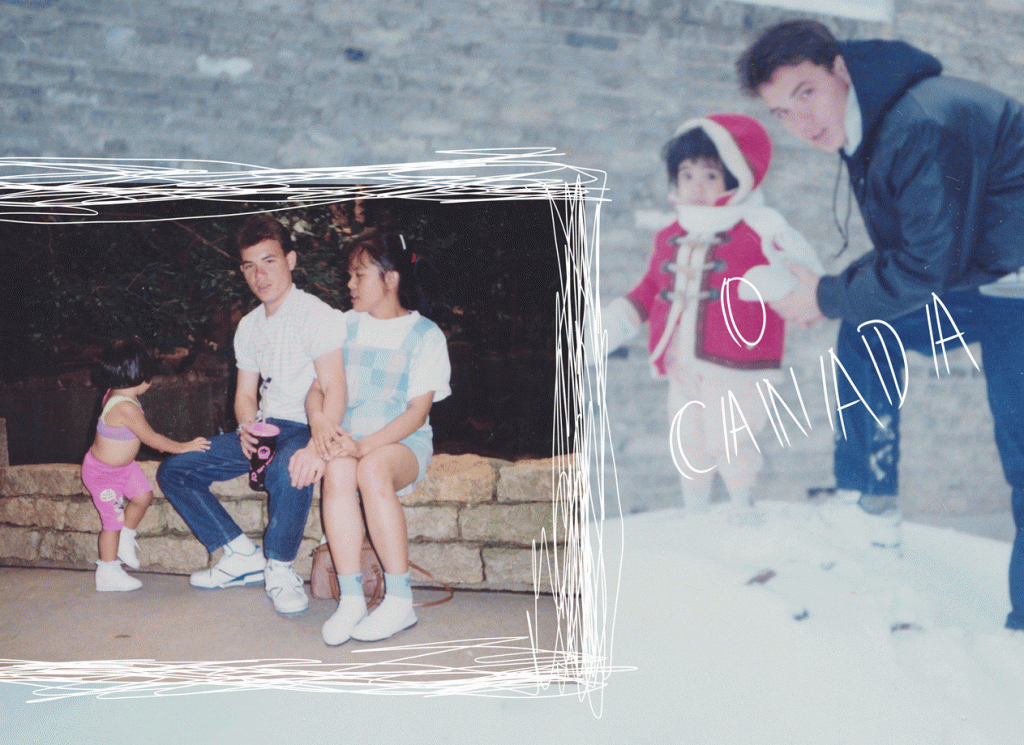 Combined photos of a Filipino immigrant family in Canada for the first couple of years. In the foreground, the mom, dad, and their daughter pose for a photo. In the background, the dad and daughter play in the snow. Doodle animation outlines the foreground and spells out O Canada.