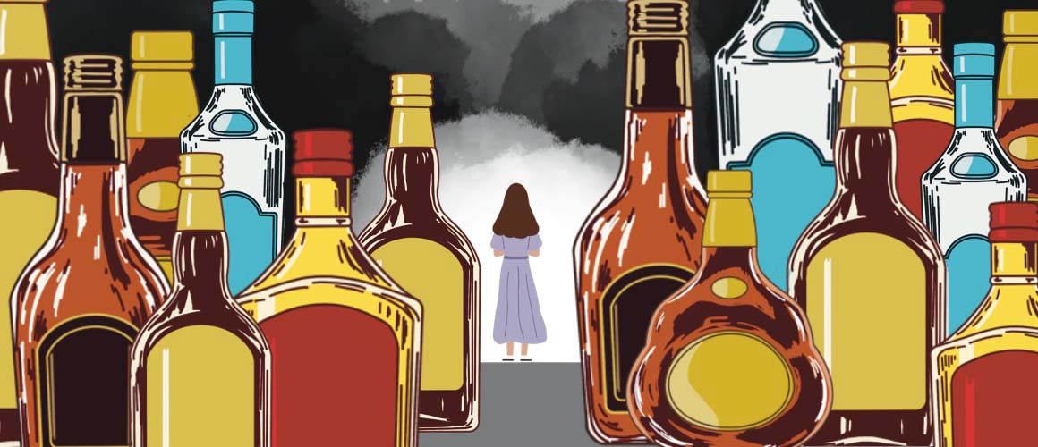 An illustration of a young woman with her back turned. She is framed by bottles of alcohol that fill the rest of the image.