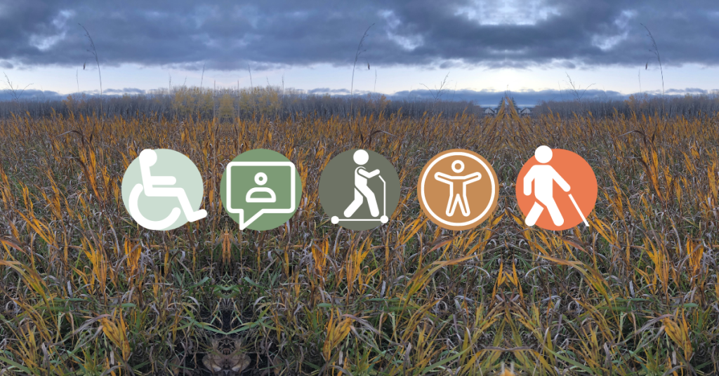 Image of prairie grass with icons of a wheelchair, a person on a scooter, and a person with a cane. 