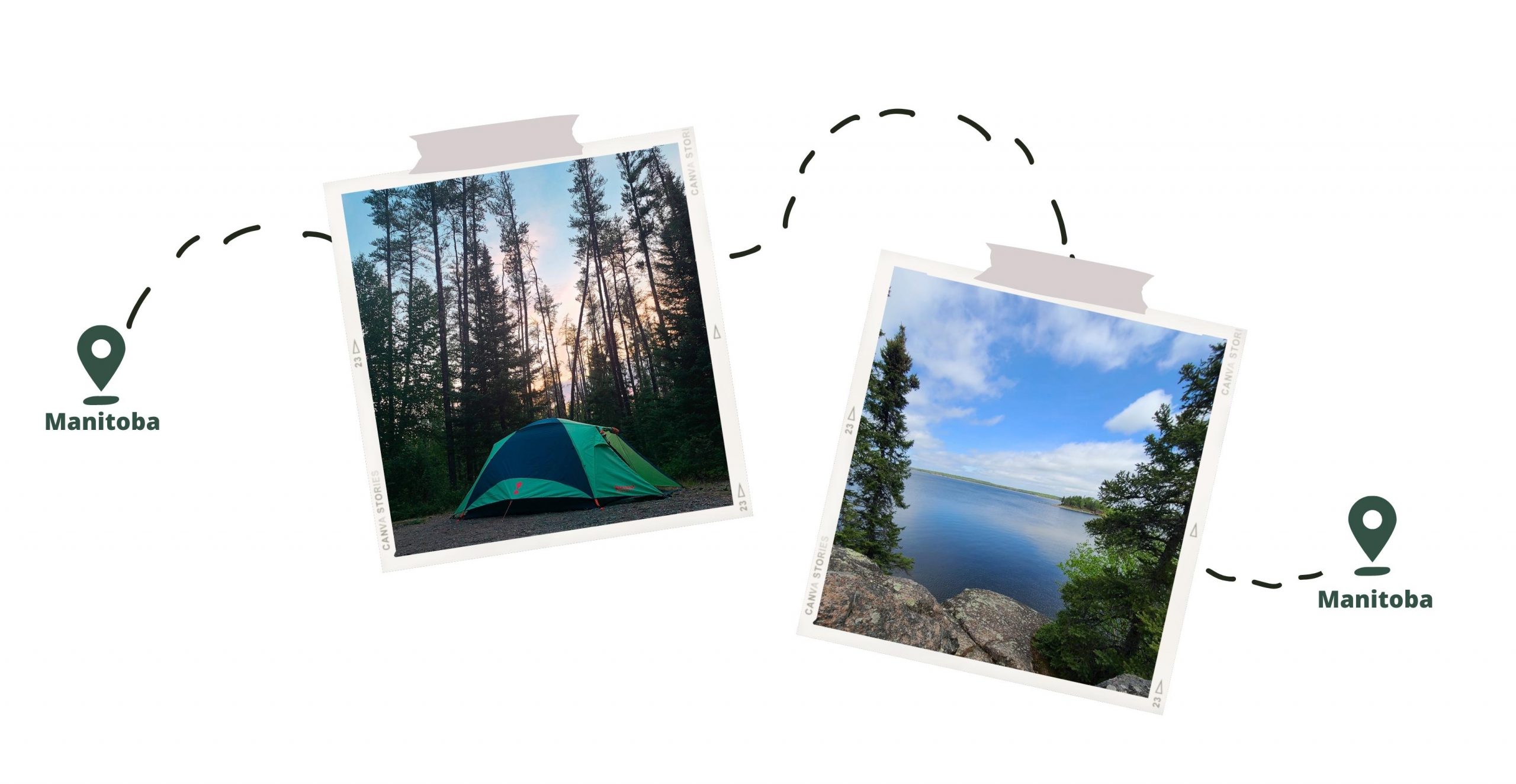 Graphic of location pin on top of the word Manitoba with two camping images on top