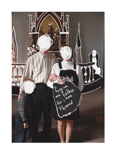 A mixed media image of a mother and father with a young boy and baby in a church. Their faces are scribbled out. On the baby's blanket is written, "forgive me father for I have thinned."
