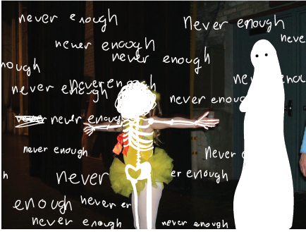 A mixed media image of a young girl in a ballerinas outfit. Her face is scribbled out and a skeleton is drawn on her body. The words, "never enough" are written repeatedly over the image.