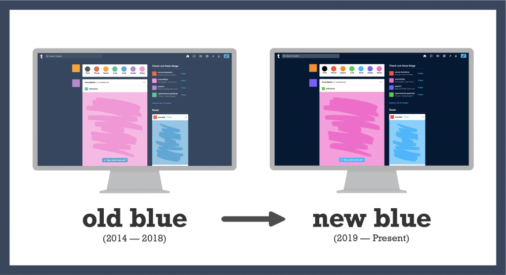 A comparison showing the change in Tumblr's colour pallet from the old blue and pink used from 2014-2018, to a new more saturated blue and pink from 2019-present.