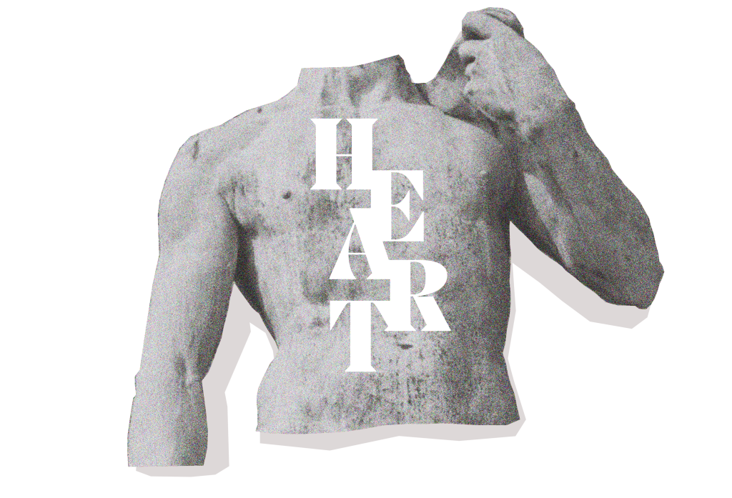 The black and white bare chest of a statue with the word "heart" super-imposed over it.