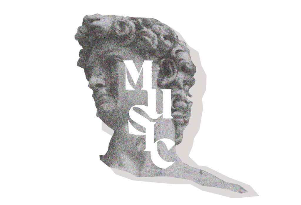 The black and white head of a statue with the word "music" super-imposed over it.