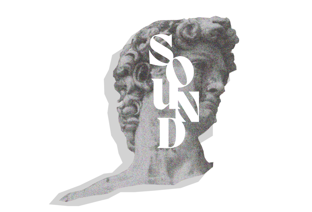 The black and white head of a statue with the word "sound" super-imposed over it.