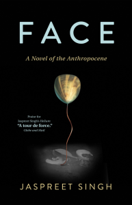 The book cover of the novel Face: A Novel of the Anthropocene. A black background with a wire and seashell.