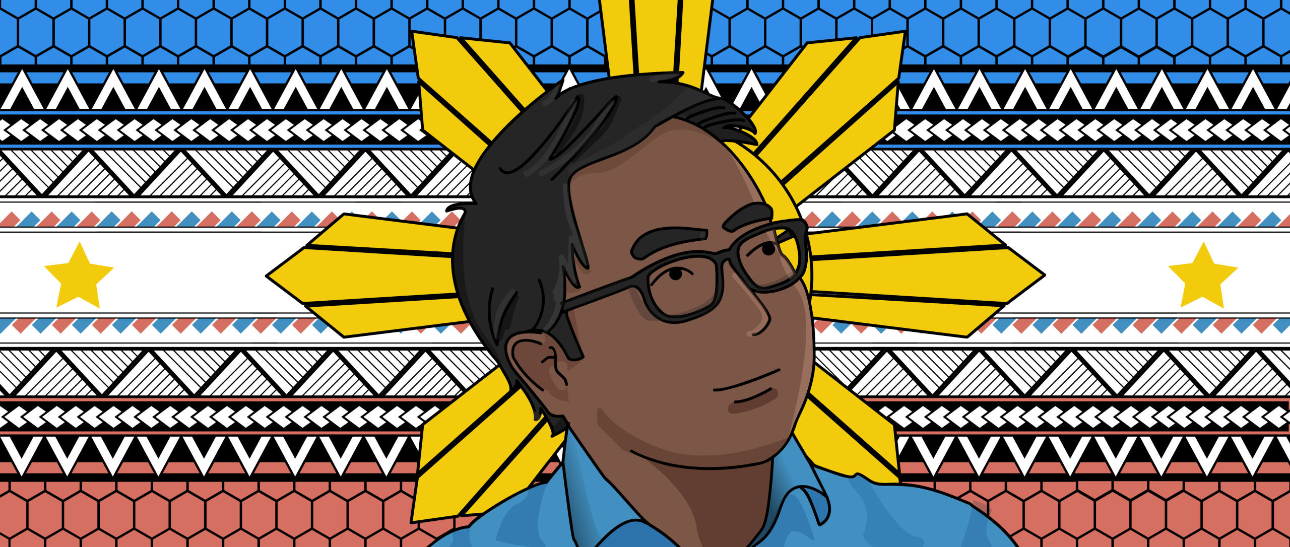 Illustration of the author looking to the right with the Philippine sun behind him. The background is a collection of Filipino fabric and tattoo patterns.