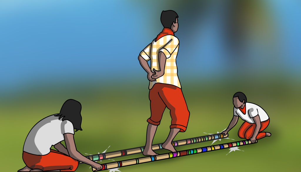 Illustration of tinikling; two people are clapping bamboo poles as a dancer moves their feet in between the bamboo.