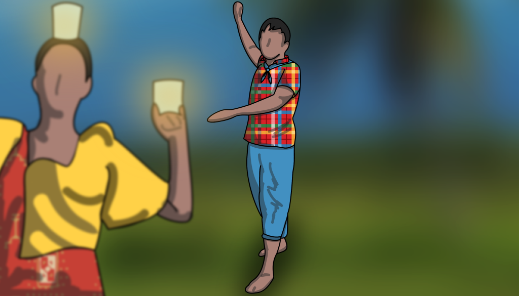 Illustration of Pandanggo Oasiwas. In the foreground is a female dancer, she has candles held in glass cups on her hands and on her head. On the background the male dancer does a variation of the waltz.