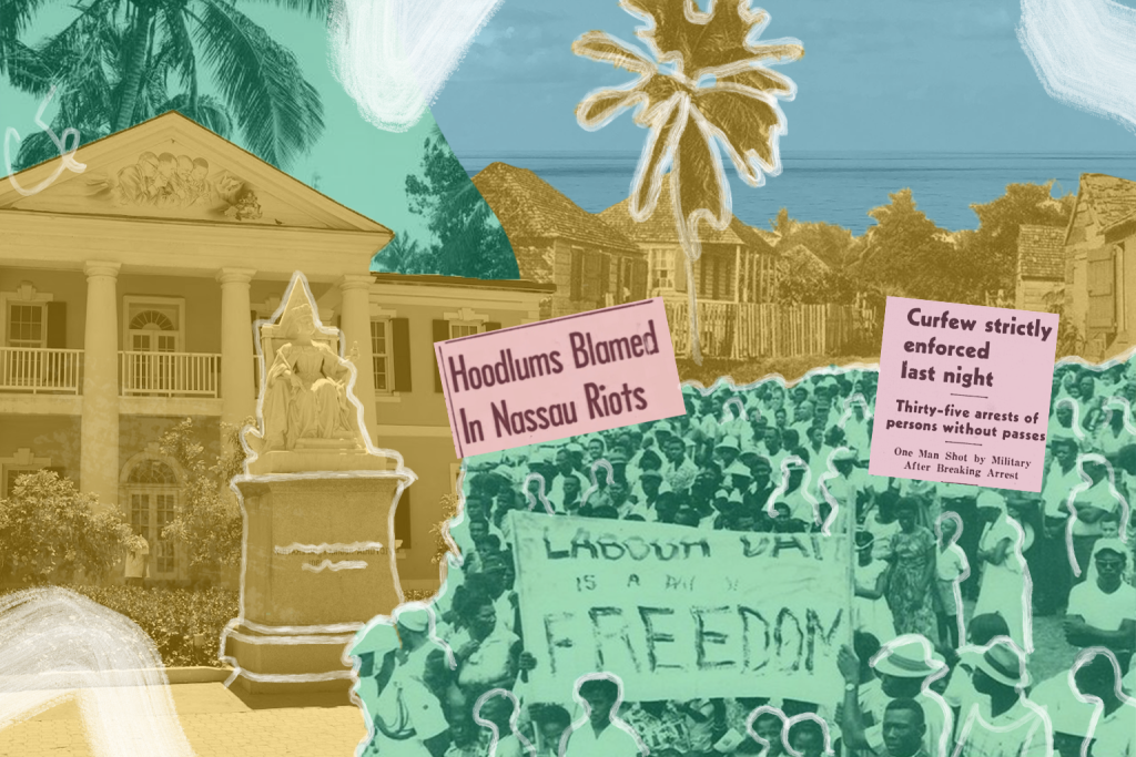 Bahamians protest outside government building in Nassau Bahamas during Burma Road Riots.