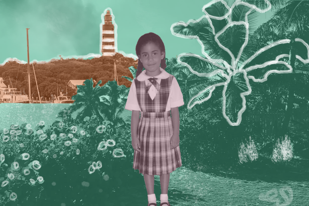 Author at five years old wearing school uniform while standing among forest trees in Abaco, Bahamas.