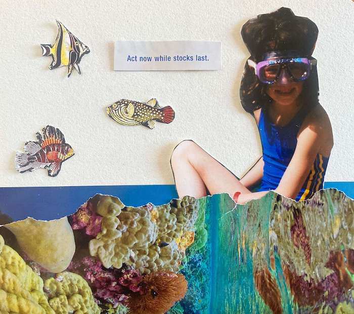 A photo collage of a young girl with scuba goggles on, fish, and coral. "Act now while stocks last"