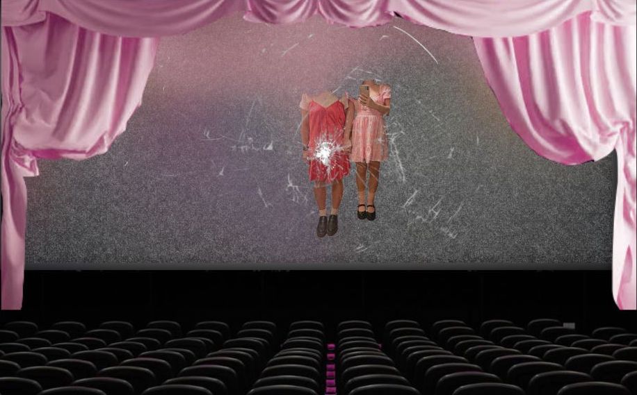 Cracked movie theatre screen with pink curtains. On the screen is two girls in pink dresses.