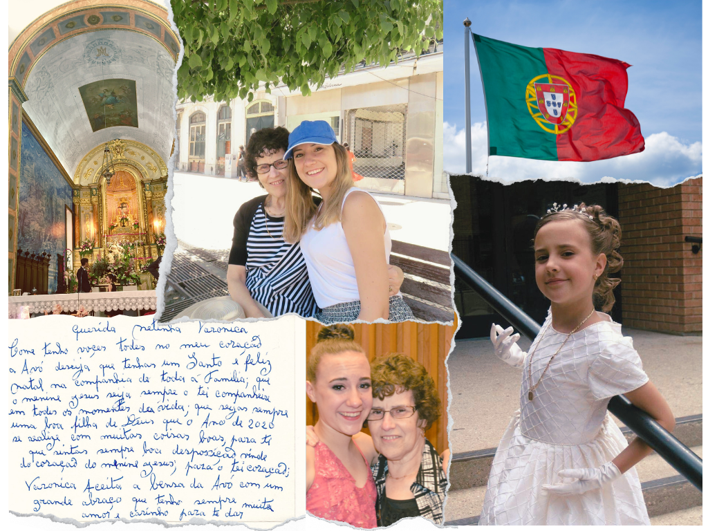Photo Collage of six photos with ripped paper details on the border. The top left is inside a church. The top middle is a grandmother and granddaughter sitting on a bench. The top right is the Portugal flag on a flag pole outside. The bottom left is a handwritten note in Portuguese. The bottom middle is the grandmother and granddaughter with their arms around each other. Bottom right is an eight year old girl in her first communion outfit outside a church.