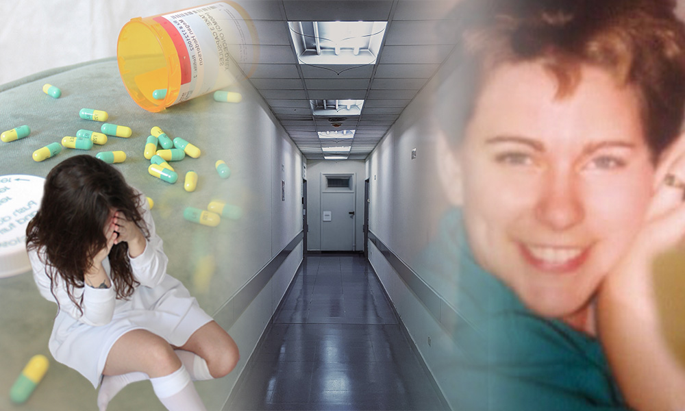A faded collage of photos from left to right shows a girl with her head lowered into her hands, an enlarged pill bottle and pills spilling out, a long hallway in the centre, and a portrait of a woman smiling.