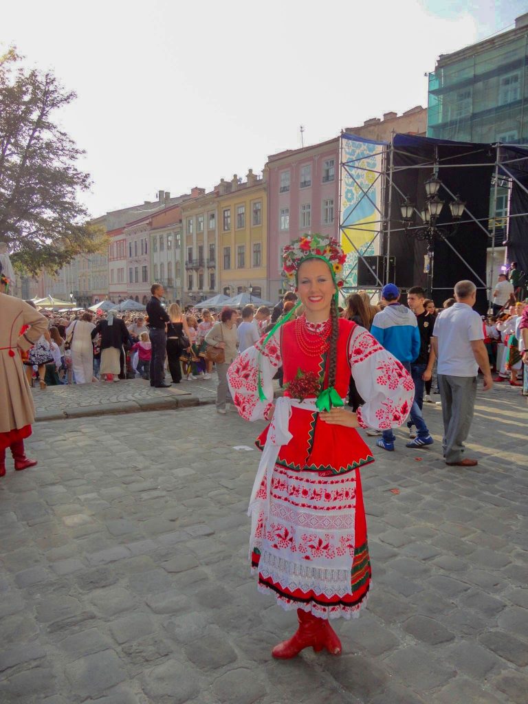 Orycia wearing her Kalyna costume in Rynok Square.