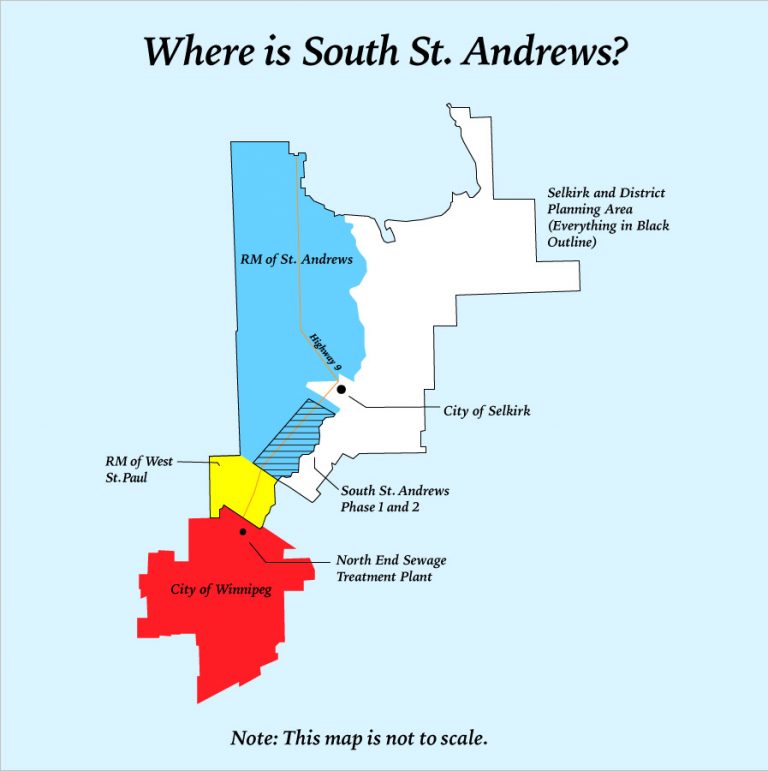 A map showing South St. Andrews in relation to Selkirk, West St. Paul and Winnipeg.