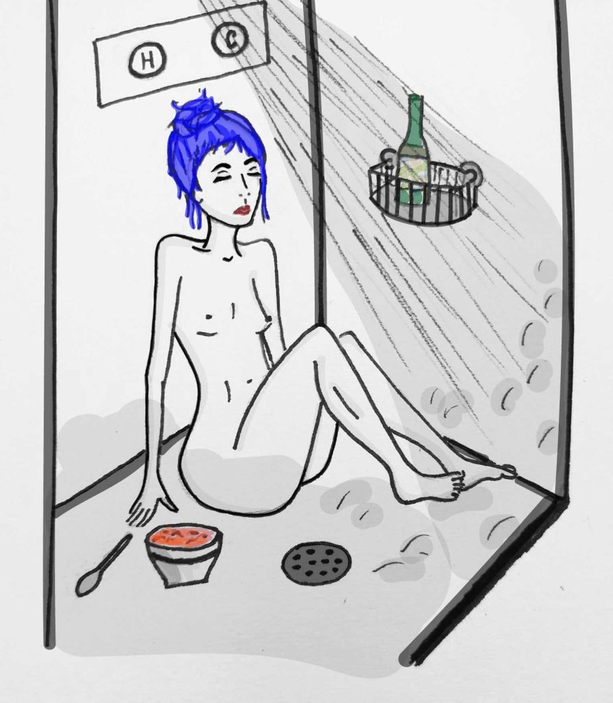 An illustration of a woman sitting in the shower. A bowl of beefaroni and spoon sit beside her. A bottle of beer sits on a shelf.