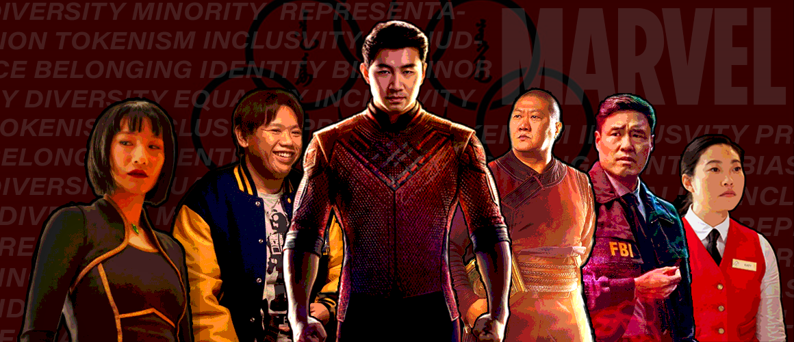 Six Asian actors, the middle one in a super hero stance. background has semi-transparent comic text.
