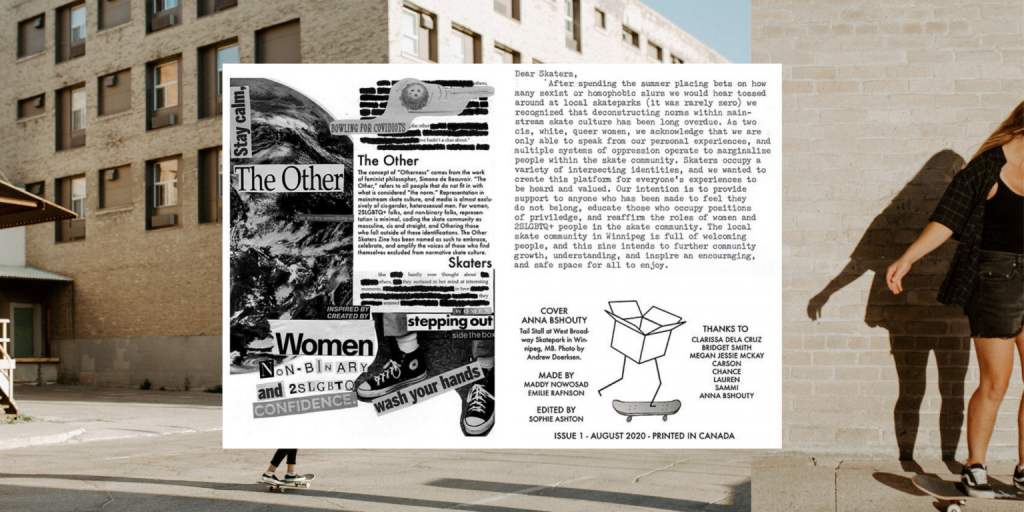 A picture containing cutout page from The Other Skaters zine over top of an image of two girls skateboarding.