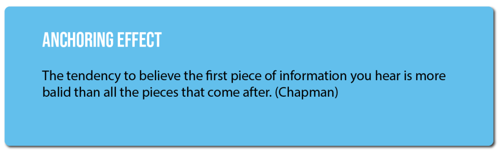 Anchoring Effect: The tendency to believe the first piece of information you hear is more balid than all the pieces that come after. (Chapman)